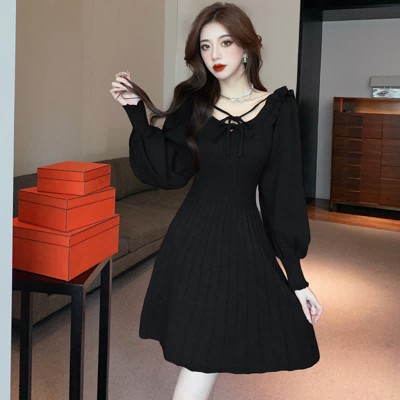 Lace Up Ruffled Pure Color Knit Sweater Dress