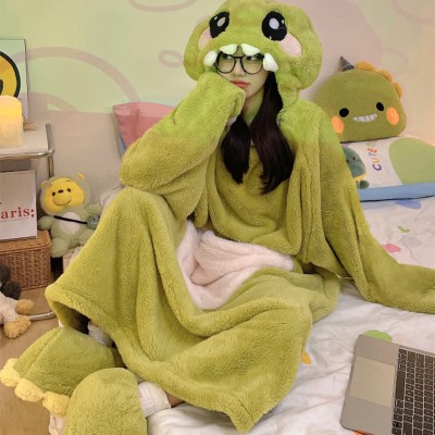 【50% OFF】Funny Cartoon Dinosaur Plush Hooded Jumpsuit Pajamas Dress