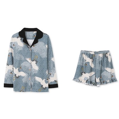 Crane Print Silk Pajamas Seven Pieces Set