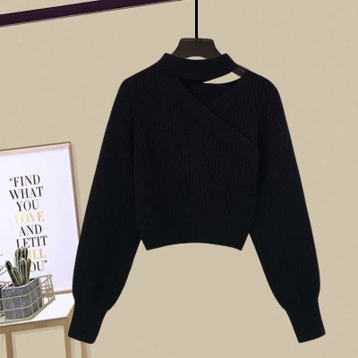 Oblique Pure Color Sweater Flouncing Slip Dress