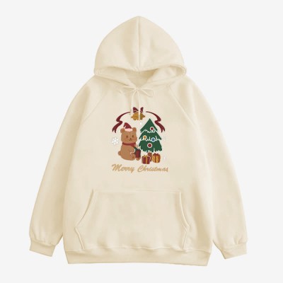 Cartoon Christmas Tree Bear Print Plush Hoodie