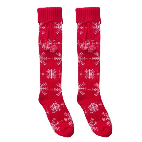 Christmas Snowflake Print Fuzzy Ball Stockings Over the Knee
