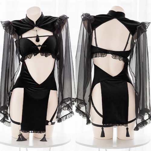 Sexy Tassel Hollow Out Lingerie Silk Sleeve Cheongsam Dress Set