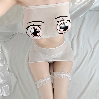 Cartoon Face Print Transparent Lingerie Stockings Set