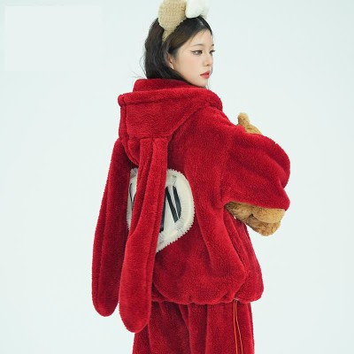 Lovely Long Bunny Ears Hooded Zipper Plush Pajamas Set