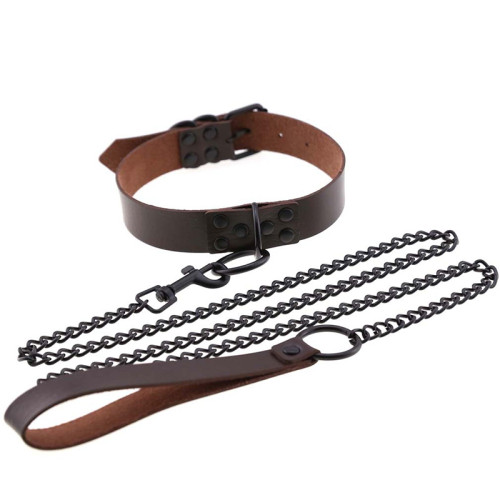 Dark Leather Collar With Chain Fashion Chocker