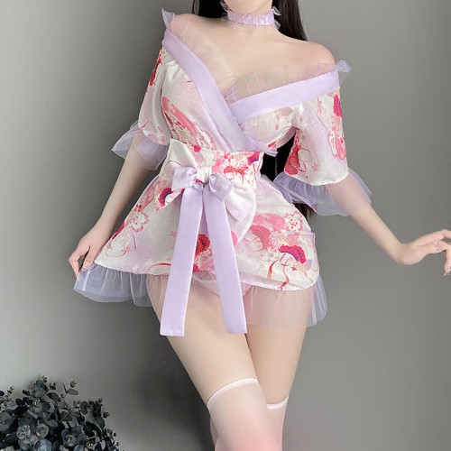 Vintage Sakura Print Kimono Lingerie Set