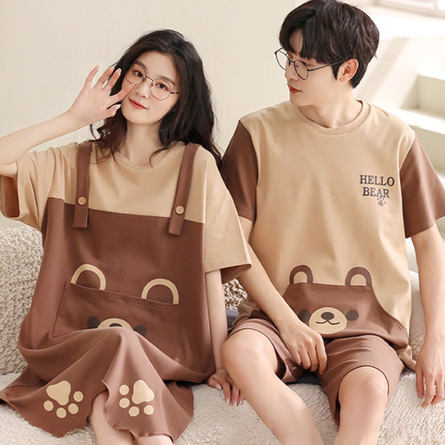 Girlfriend Boyfriend Cartoon Bear Print Colorblock Pajamas Set
