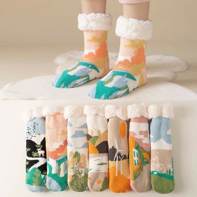 Chic Landscape Painting Print Plush Socks Warm