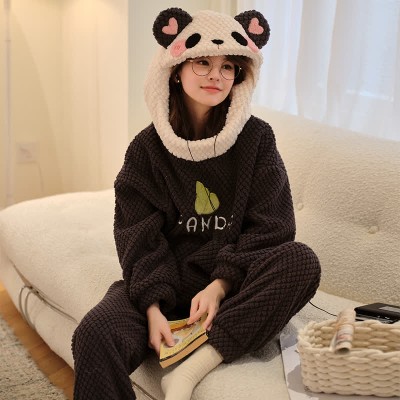 【50% OFF】Cartoon Panda Plush Loose Hooded Pajamas Set