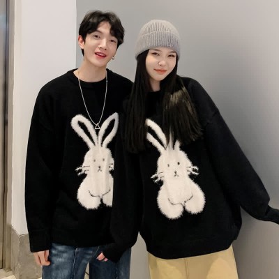 Cartoon Bunny Print Round Collar Loose Sweater