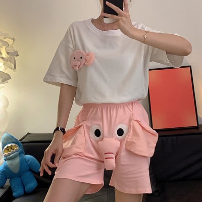 Girlfriend Boyfriend Cartoon Elephant Short Sleeve Pajamas Set