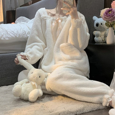 Square Collar Plush Lace Hem Dress Pajamas Set