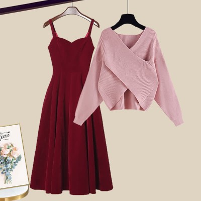 Fashion Cross Knit Sweater A-line Slip Dress
