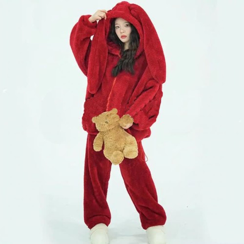 Lovely Long Bunny Ears Hooded Zipper Plush Pajamas Set