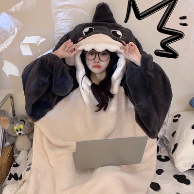【50% OFF】Funny Cartoon Shark Plush Hooded Jumpsuit Pajamas Dress