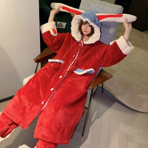 Cartoon Bunny Hooded Plush Pajamas Set