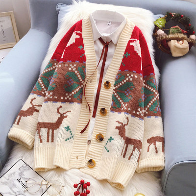 Cute Christmas Elk Print Outwear Sweatshirt