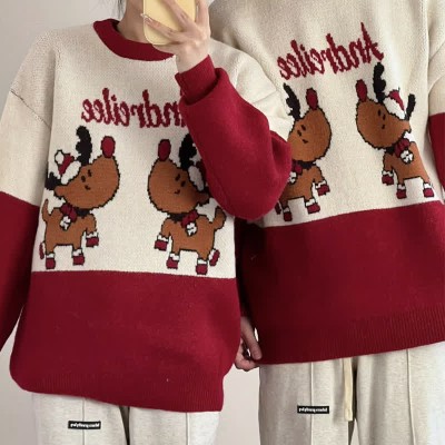 Deer Letter Print Colorblock Round Collar Knit Sweater
