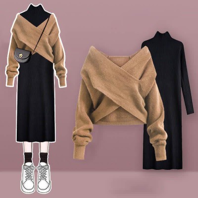 Pure Color Cross Knit Sweater Dress Two Pieces Set