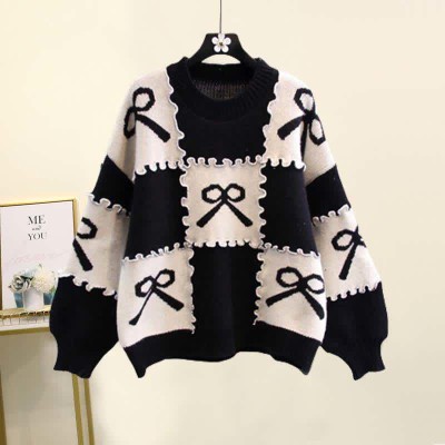 Bow Knot Print Colorblock Sweater Plaid Pleated Skirt Two Pieces Set