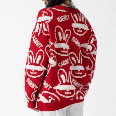 Cartoon Rabbit Letter Print Round Collar Sweater