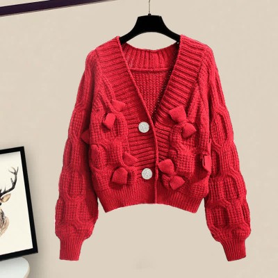 Bow Decor Cardigan Sweater Lace Slip Dress Two Pieces Set