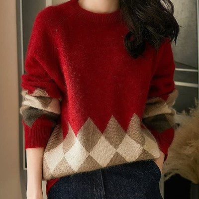Vintage Rhombus Pattern Print Round Collar Sweater