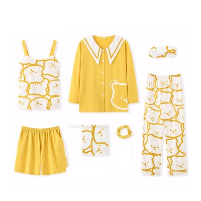 Cartoon Print Doll Collar Pajamas Seven Pieces Set With Breast Pads
