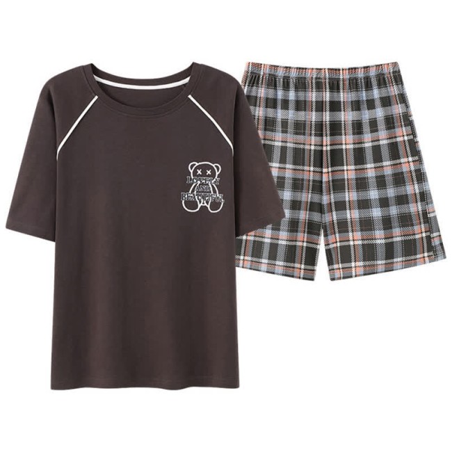 Cartoon Bear Print Summer Cotton Pajamas Set