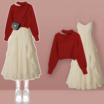 Oblique Pure Color Sweater Flouncing Slip Dress