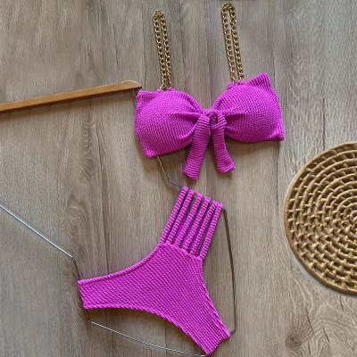 Fashion Solid Color Bow Chain Split Bikini