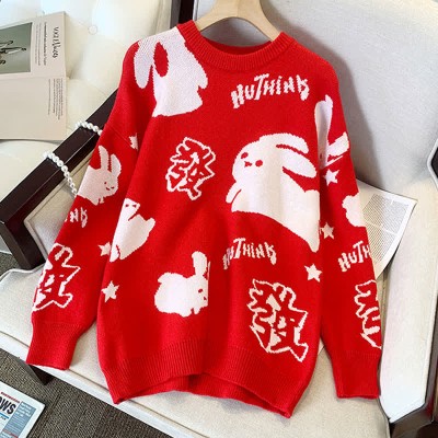 Cartoon Rabbit Letter Print Round Collar Loose Sweater