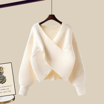 Pure Color Cross Knit Sweater Dress Two Pieces Set