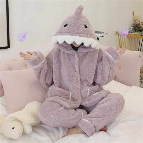 Lovely Cartoon Shark Plush Hooded Pajamas Set