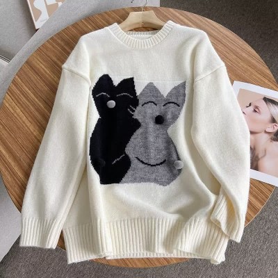 Cute Cartoon Kitty Print Colorblock Round Collar Sweater