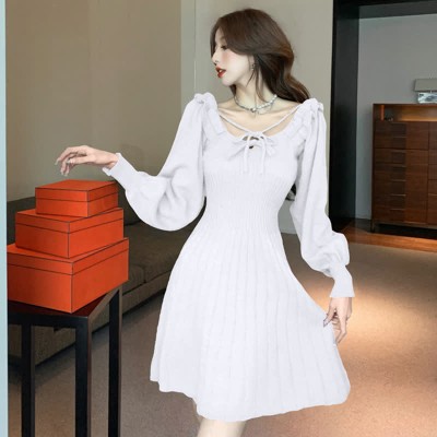 Lace Up Ruffled Pure Color Knit Sweater Dress