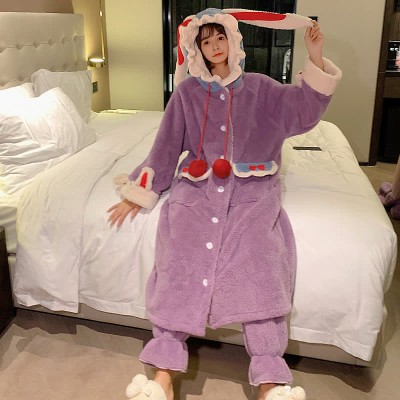 Cartoon Bunny Hooded Plush Pajamas Set