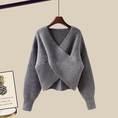 Pure Color Cross Knit Sweater Dress Two Pieces Set
