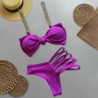 Fashion Sexy Chain Solid Color Bow Split Bikini
