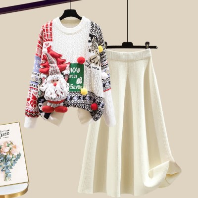 Christmas Colorblock Sweater High Waist Knit Skirt