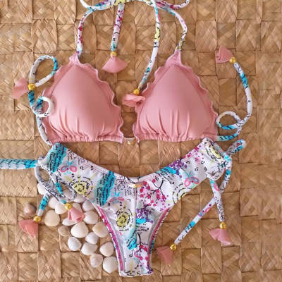 Fashion printed split suspender bikini