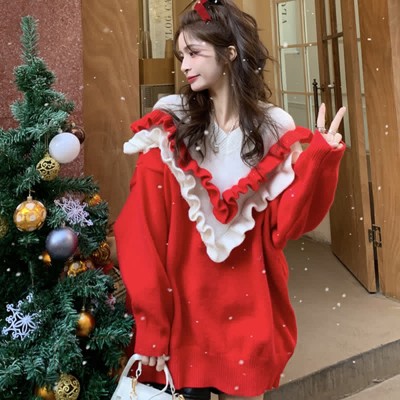Sweet V-neck Ruffled Colorblock Knit Sweater