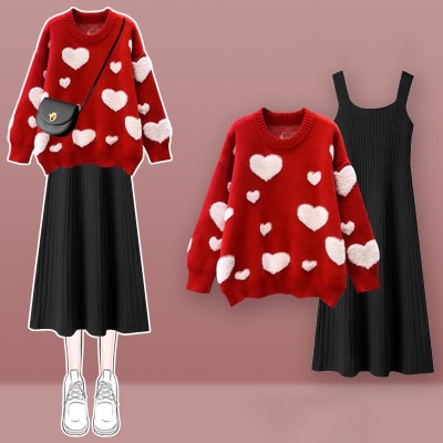 Love Heart Pattern Sweater Knit Slip Dress Two Pieces Set