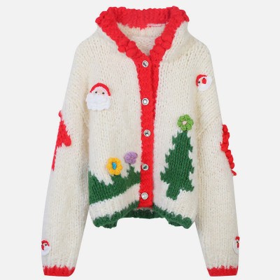 Christmas Graphic Print Knit Hooded Cardigan Sweater
