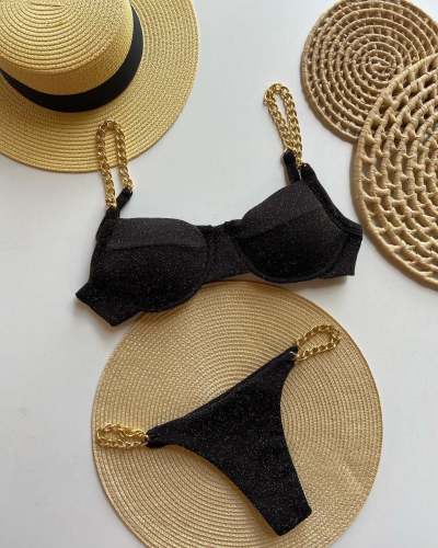 Fashion Solid Color Chain Sexy Bikini Swimsuit