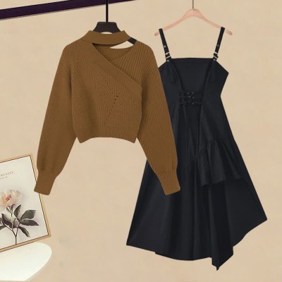 Oblique Pure Color Sweater Lace Up Irregular Slip Dress