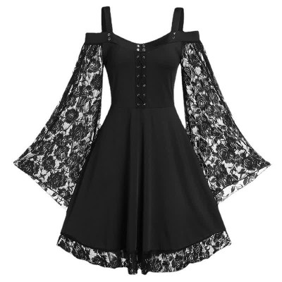 Plus Size Gothic Lace Flared Sleeve Slip Dress