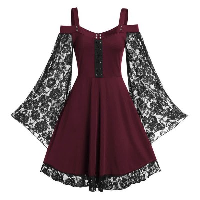 Plus Size Gothic Lace Flared Sleeve Slip Dress