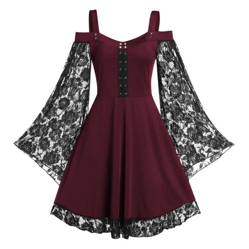 Plus Size Gothic Lace Flared Sleeve Slip Dress